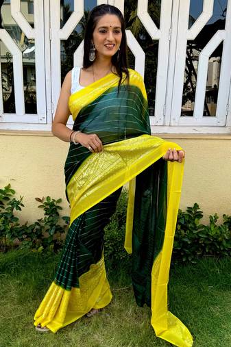 striped kanjivaram jacquard georgette saree (dark green yellow)
