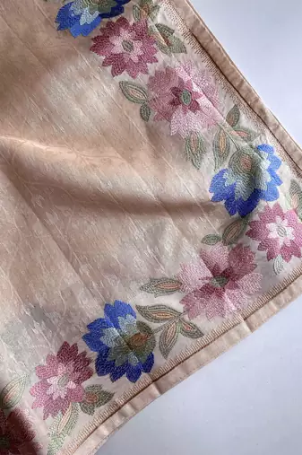 cream tussar saree with contrast embroidery