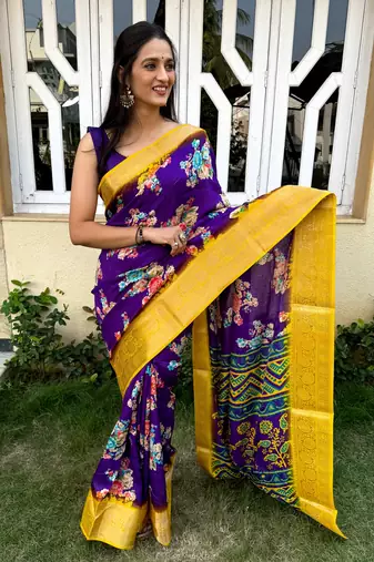 printed floral print daily wear cotton silk saree (purple yellow)