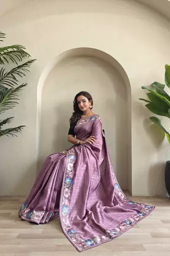 onion pink tussar saree with contrast embroidery