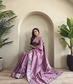 onion pink tussar saree with contrast embroidery