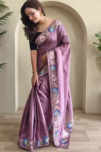 onion pink tussar saree with contrast embroidery