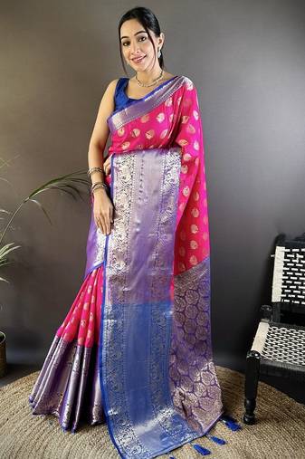 graphic print banarasi silk blend saree (pink)