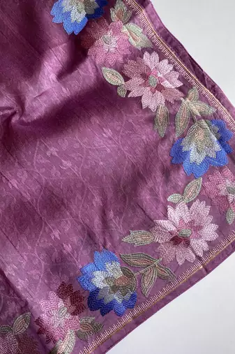 onion pink tussar saree with contrast embroidery