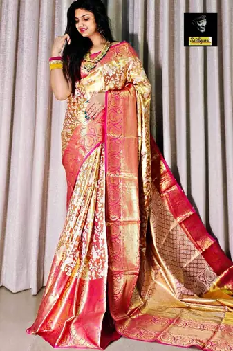 floral print banarasi silk blend saree (pink)