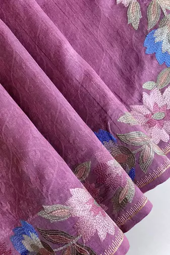 onion pink tussar saree with contrast embroidery