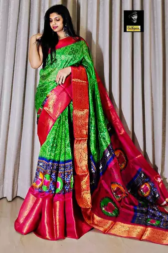 printed bandhani cotton silk saree (green pink)