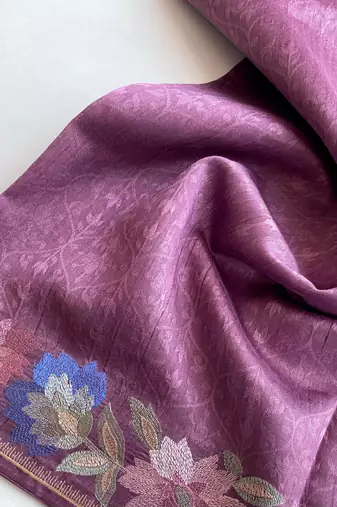 onion pink tussar saree with contrast embroidery