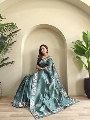 sea green tussar saree with contrast embroidery 1