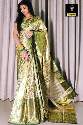 floral print banarasi silk blend saree (green)