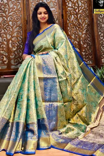 embroidered bollywood silk blend saree (green blue)