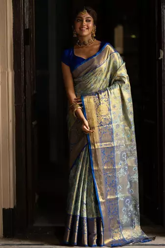 embellished banarasi silk blend saree (blue)