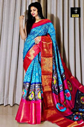 printed bandhani cotton silk saree (blue pink)