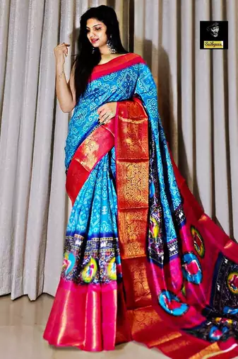printed bandhani cotton silk saree (blue pink)