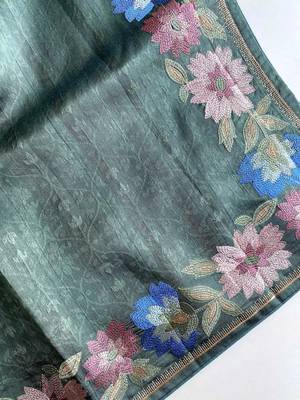 sea green tussar saree with contrast embroidery 5