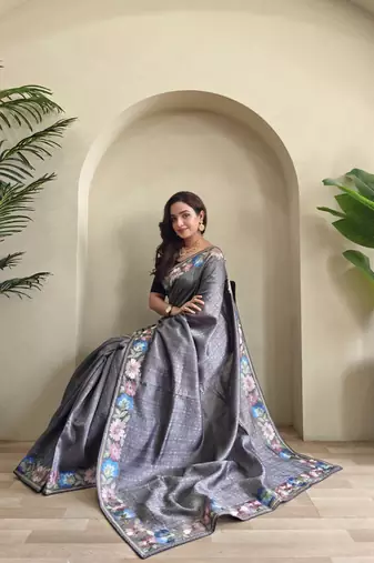 grey tussar saree with contrast embroidery