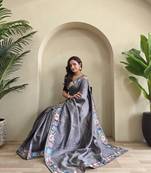 grey tussar saree with contrast embroidery