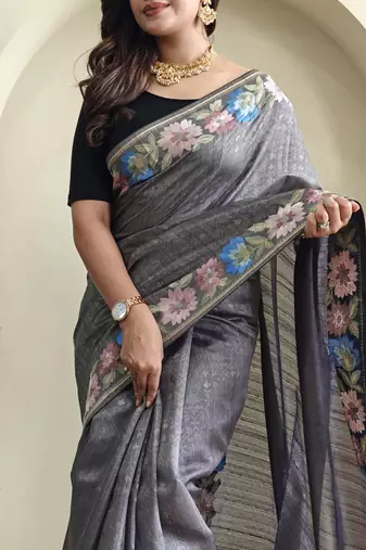 grey tussar saree with contrast embroidery