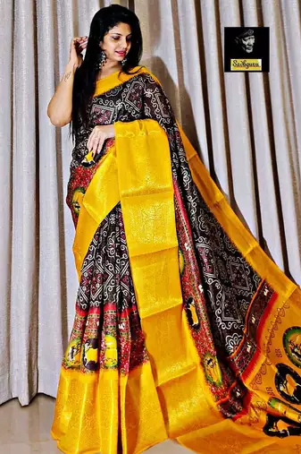 Mylofy printed bandhani cotton silk saree (black yellow)