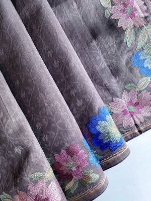 grey tussar saree with contrast embroidery 5