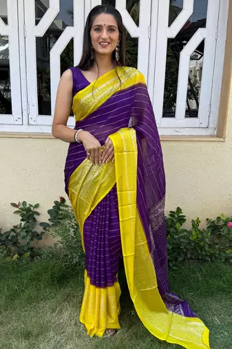 floral print bollywood silk blend saree (purple)