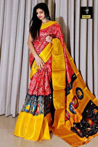 printed bandhani cotton silk saree (red yellow)