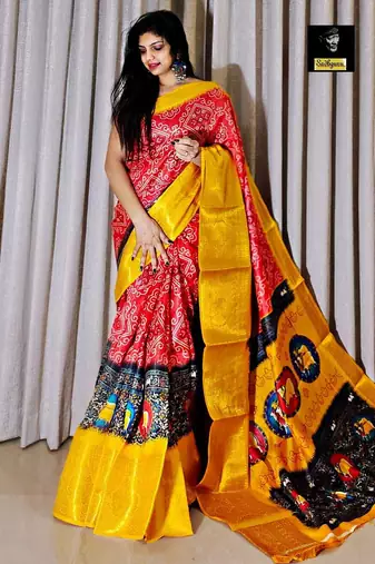 printed bandhani cotton silk saree (red yellow)