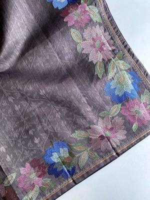 grey tussar saree with contrast embroidery 6
