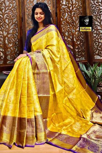 embroidered bollywood silk blend saree (purple yellow)