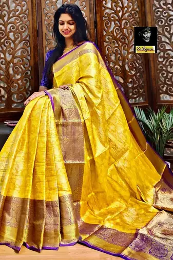embroidered bollywood silk blend saree (purple yellow)