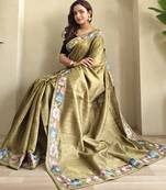 green tussar saree with contrast embroidery