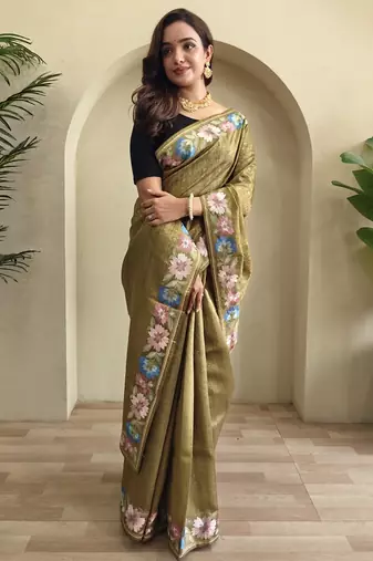 green tussar saree with contrast embroidery