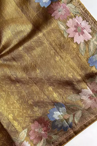 green tussar saree with contrast embroidery