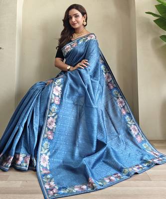 teal tussar saree with contrast embroidery 1