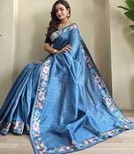 teal tussar saree with contrast embroidery