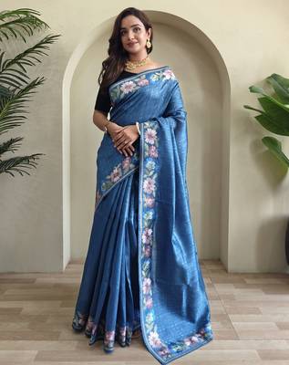 teal tussar saree with contrast embroidery 3