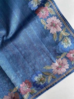 teal tussar saree with contrast embroidery 4