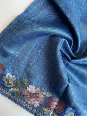 teal tussar saree with contrast embroidery 5
