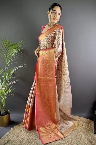 floral print banarasi jacquard silk blend saree (pink)