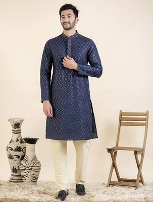 Navy zigzag embroidered kurta set 1