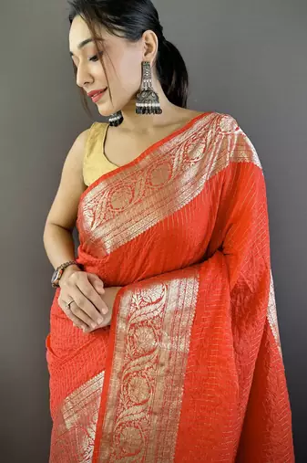 striped banarasi nylon viscose rayon saree (red)