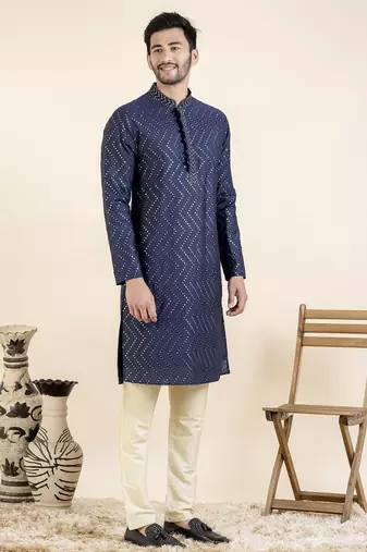 Navy zigzag embroidered kurta set