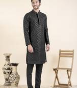 Black zigzag embroidered kurta set