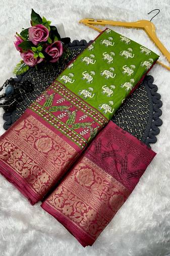 animal print woven bollywood silk blend tussar silk saree (green)