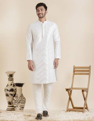White silk mirror embroidered kurta set 1