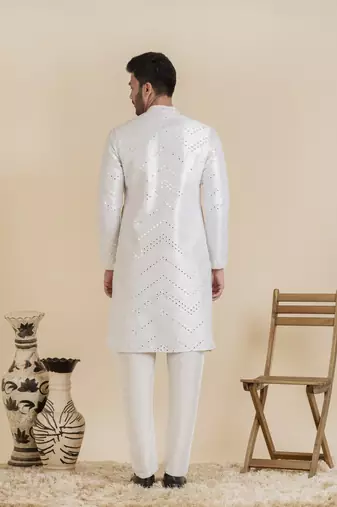 White silk mirror embroidered kurta set