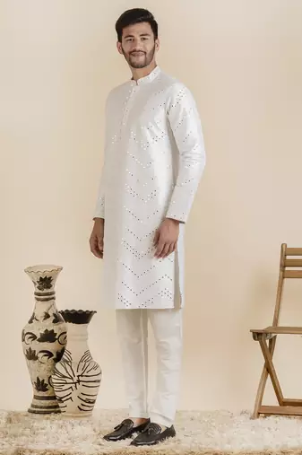 White silk mirror embroidered kurta set