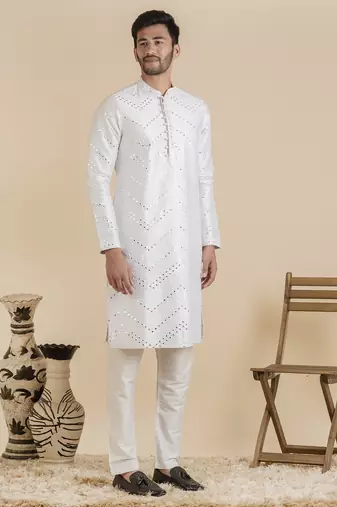 White silk mirror embroidered kurta set