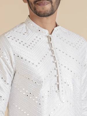 White silk mirror embroidered kurta set 5