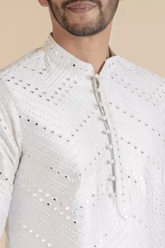 White silk mirror embroidered kurta set